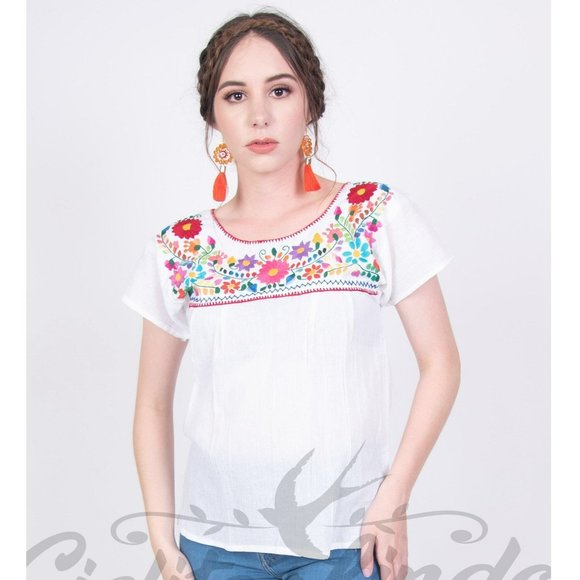 Tehuacan Mexican Embroidered White Blouse - Picture 1 of 9